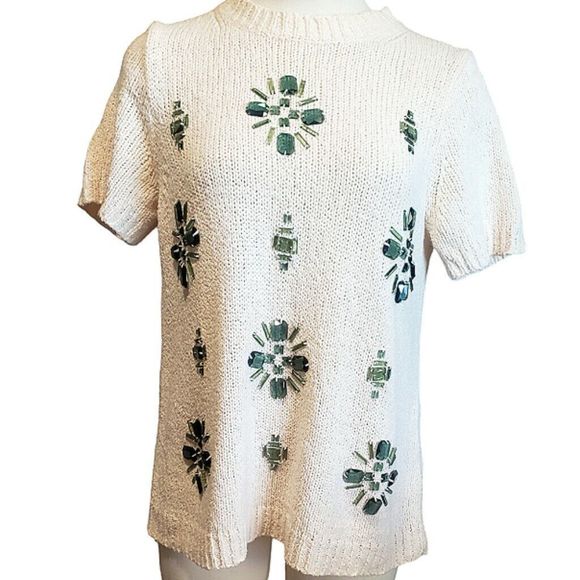 J. Crew Sweaters - J. Crew Jeweled Creme Linen Blend Sweater Preppy Y2K Classic Retro Girly Size M